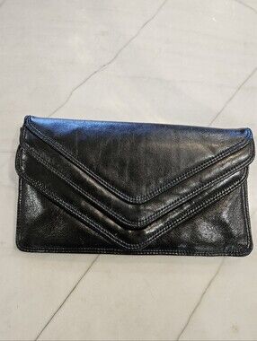Vintage Ganson Black Leather Chevron Envelope Clutch 80s